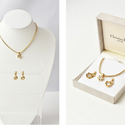 Christian Dior necklace / pierced earrings set pendant rhinestone gold