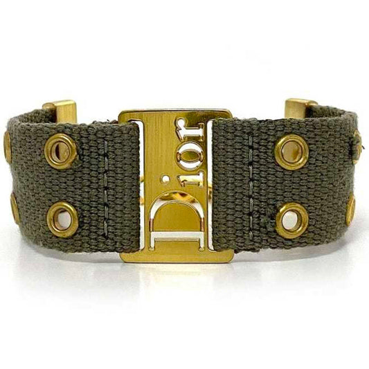 CHRISTIAN DIOR Bracelet Khaki Gold Canvas GP Chain Jacquard Plate Adjuster Accessory