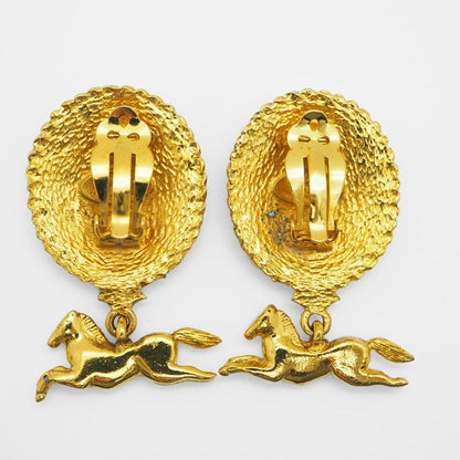 CHANEL Vintage Horse Swing Earrings Riding Oval Round Coco Gold