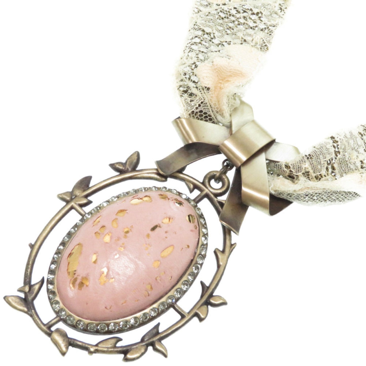 Christian Dior Pendant Necklace Metal Rhinestone Leather Pink Lace Accessory 0317Dior