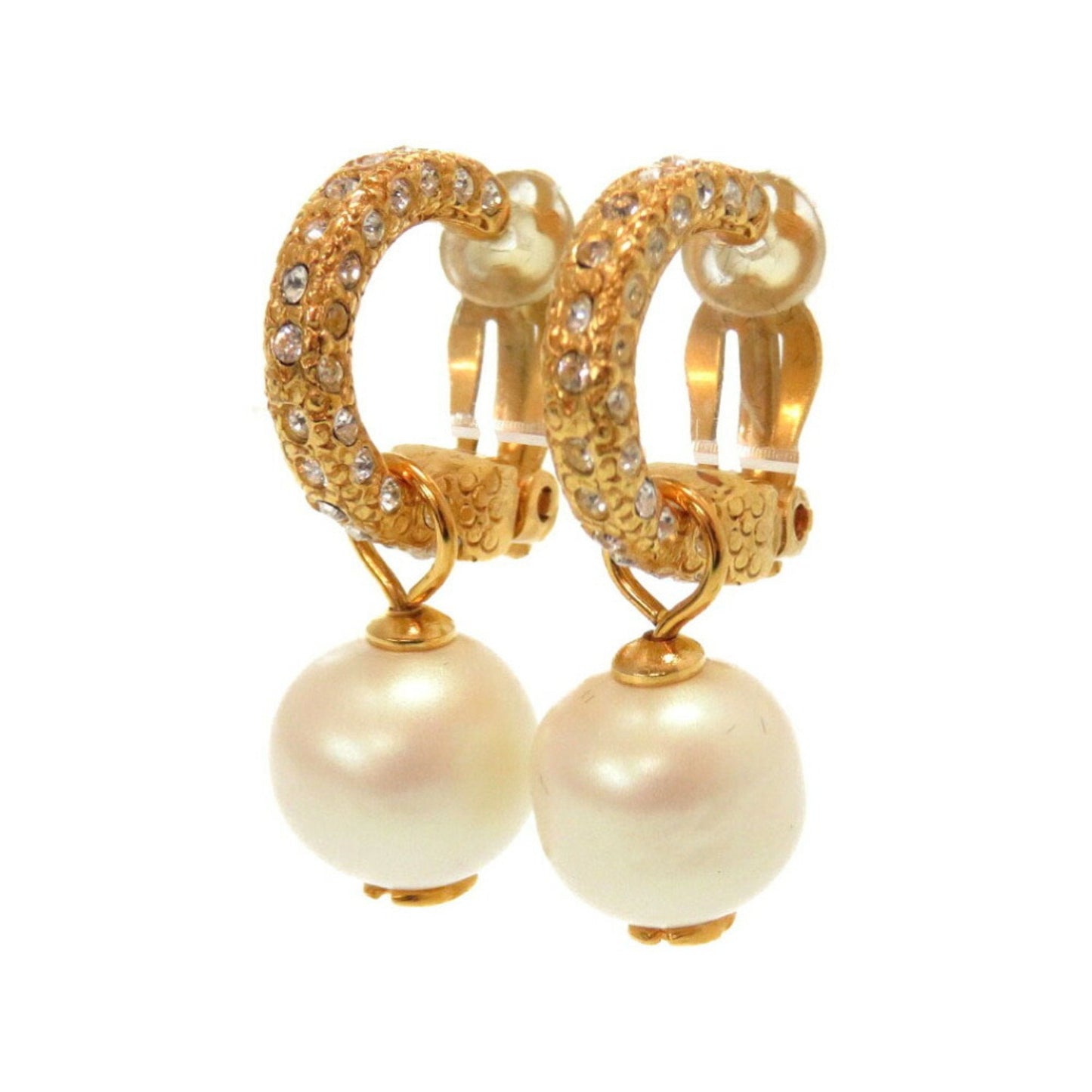 Chanel Vintage Fake Pearl Stone Coco Mark 01P Gold Earrings Accessories