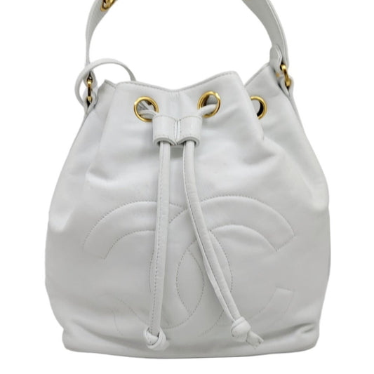 CHANEL drawstring shoulder one bag white gold metal fittings G leather handbag ladies