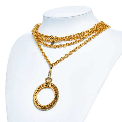 CHANEL coco mark round loupe necklace gold plated glass ladies