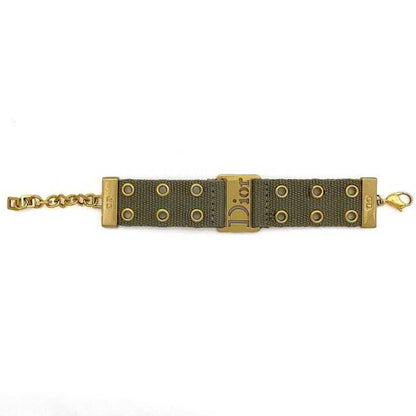 CHRISTIAN DIOR Bracelet Khaki Gold Canvas GP Chain Jacquard Plate Adjuster Accessory