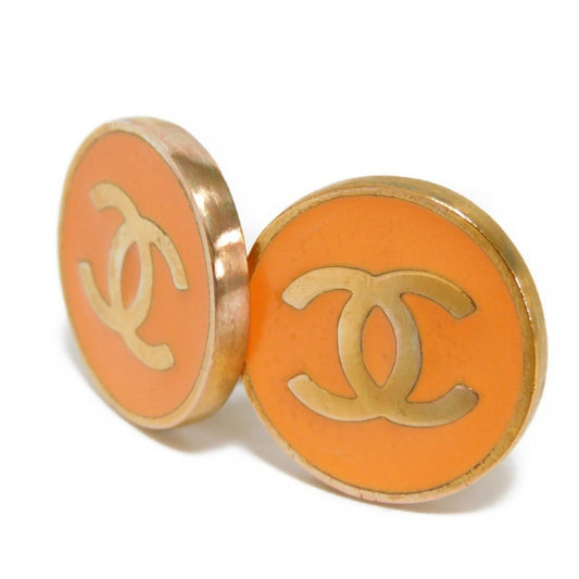 CHANEL Earrings Round Coco Mark Button Enamel Pastel GP Gold 01P Vintage CC Orange Ladies Accessories Jewelry