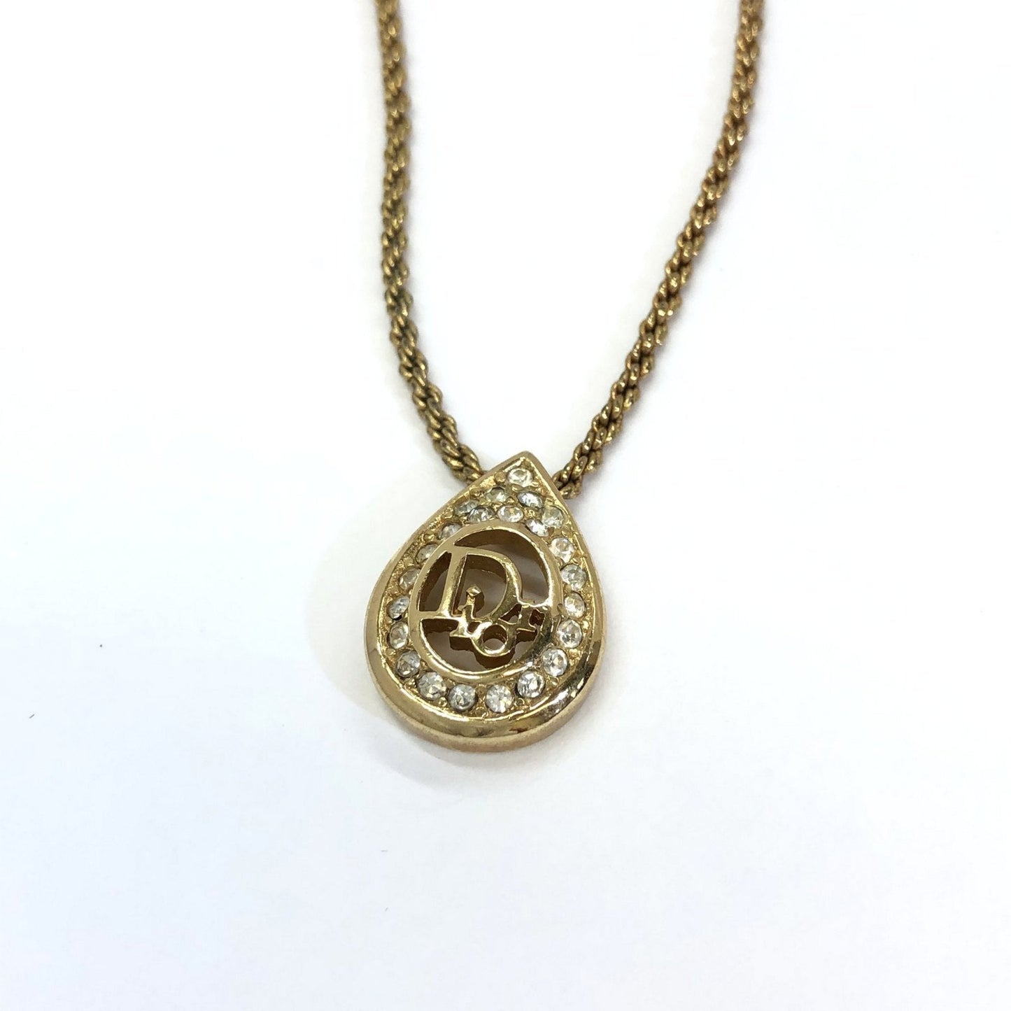 Christian Dior Necklace Logo Rhinestone Drop Shaped Pendant Double Rope Chain Gold Accessory Approximately 39cm Women's ITMBJM5QJMG4 RLV2656M