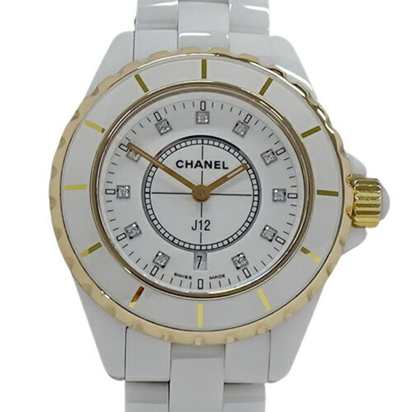 CHANEL Watch Ladies J12 11P Diamond Date Quartz White Ceramic Stainless SS PG H2181 Polished