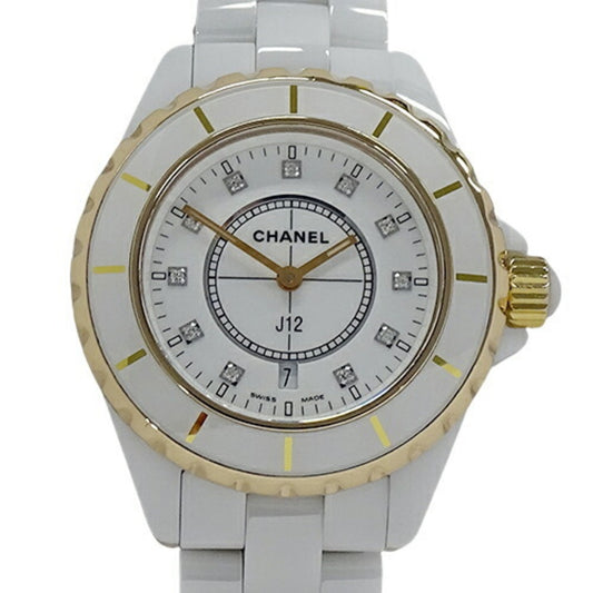 CHANEL Watch Ladies J12 11P Diamond Date Quartz White Ceramic Stainless SS PG H2181 Polished