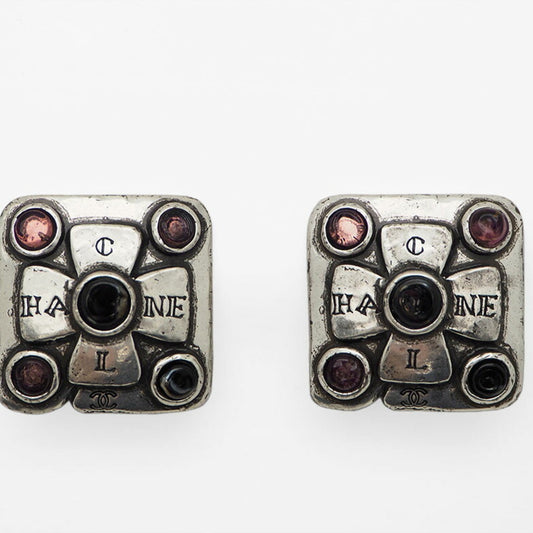 CHANEL 99A Vintage Cambon Square Color Stone Earrings Antique Silver Pink