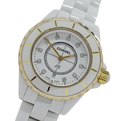 CHANEL Watch Ladies J12 11P Diamond Date Quartz White Ceramic Stainless SS PG H2181 Polished