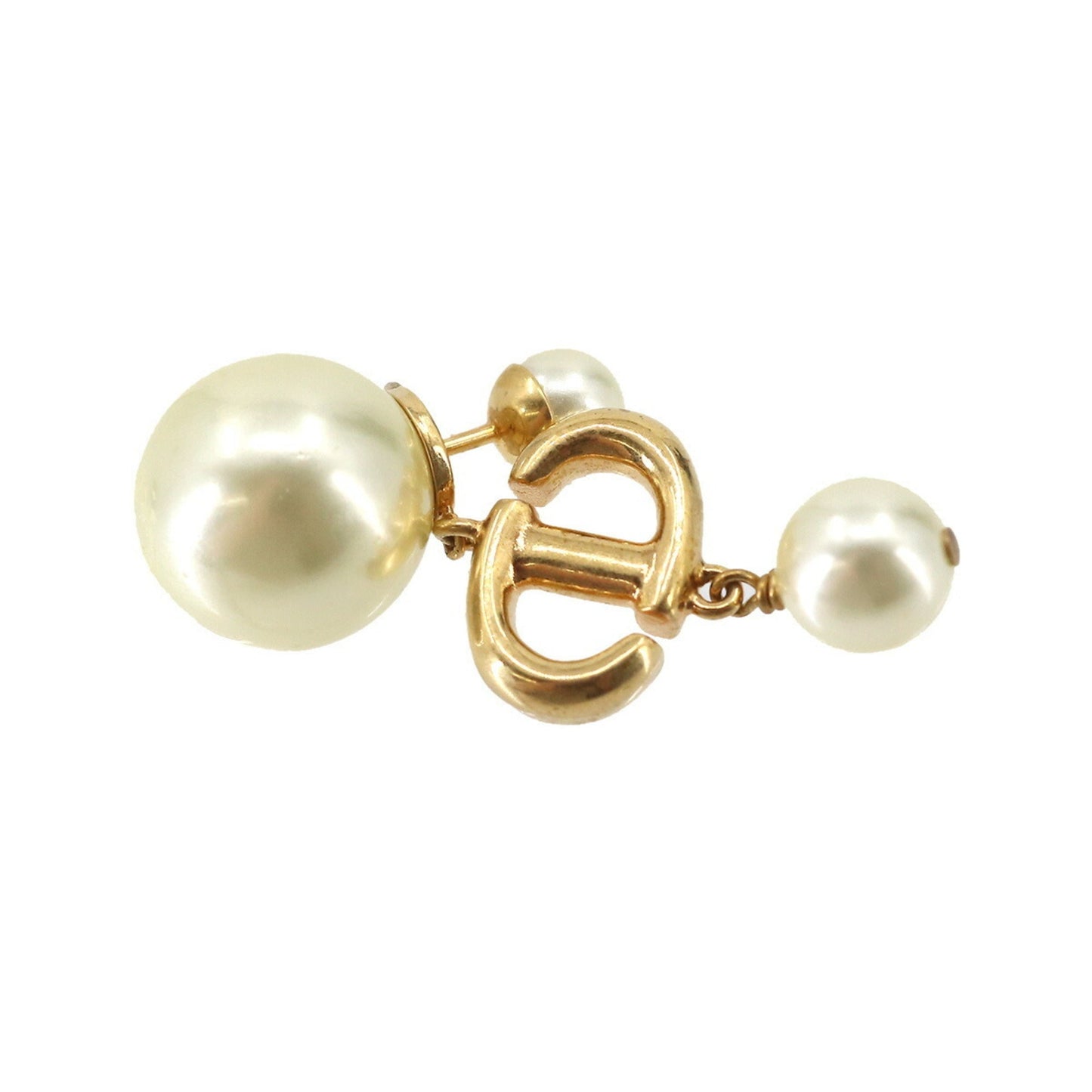 CHRISTIAN DIOR Fake Pearl Earrings Logo Rhinestone Gold White Accessories Earring