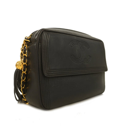 Chanel Chain Shoulder With Fringe Women's Leather Shoulder Bag Black