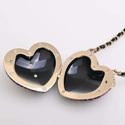 CHANEL Tweed Heart Here Mark Chain Necklace Pink Black Ladies