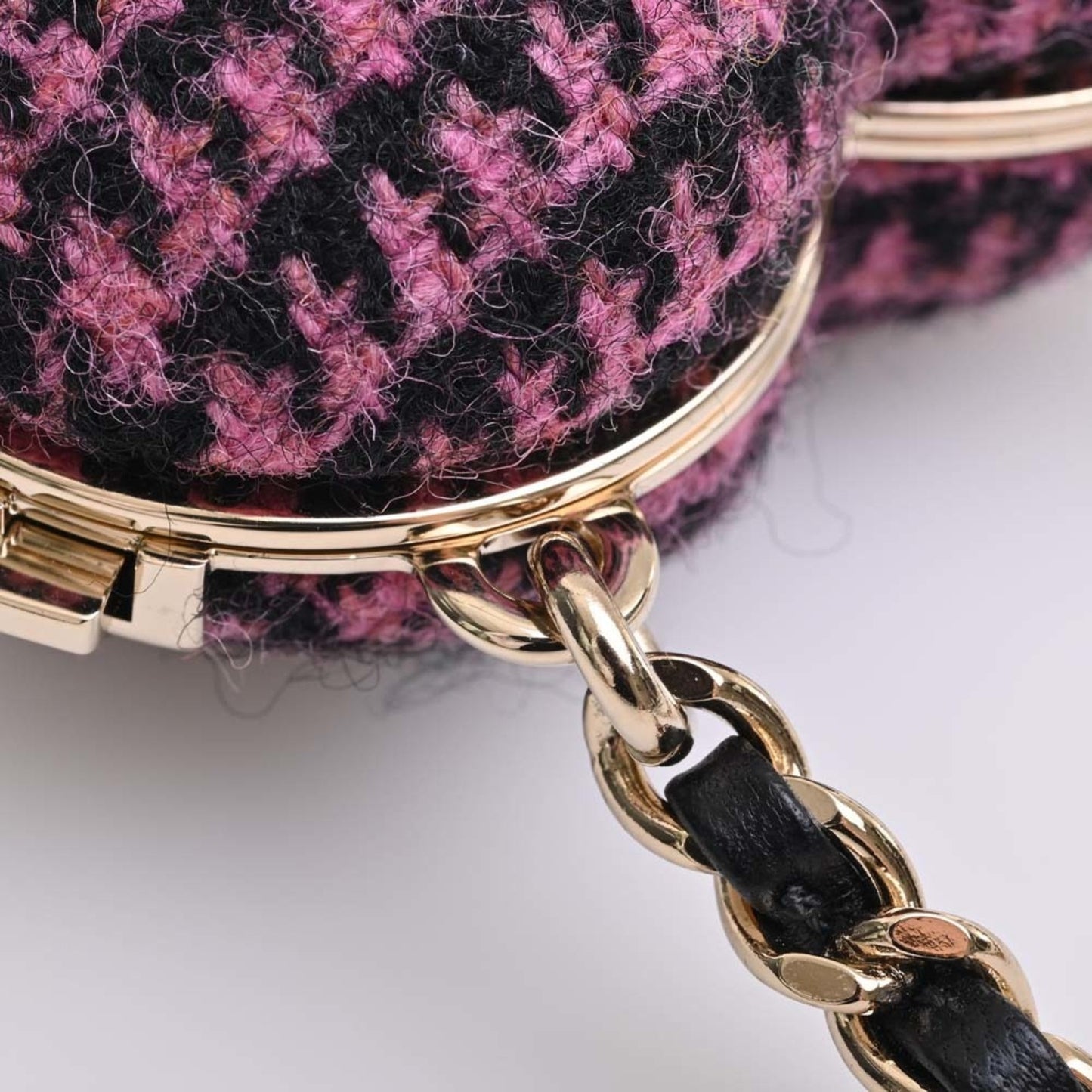 CHANEL Tweed Heart Here Mark Chain Necklace Pink Black Ladies