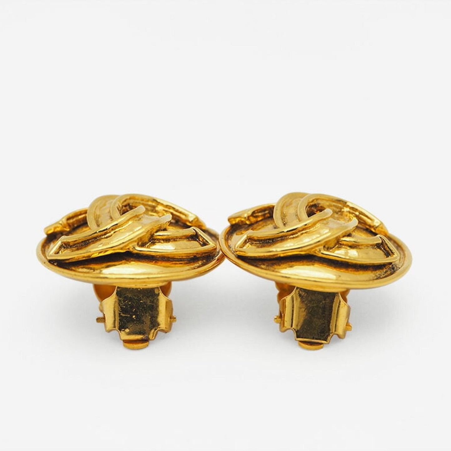 CHANEL 94P Vintage Round Coco Earrings Gold Border Logo