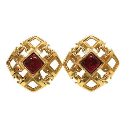 Chanel Vintage Coco Mark Stone Red Gold Earrings Accessories