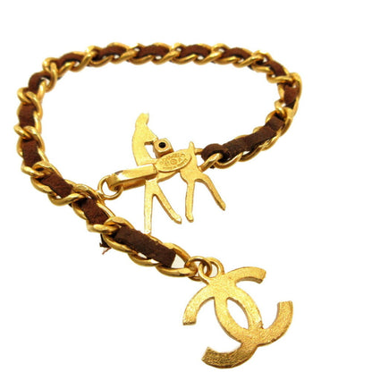 CHANEL Cocomark 01A Colored Stone Bambi Metal Gold Brown Chain Bracelet