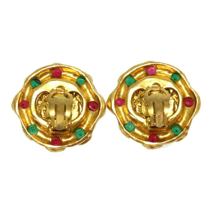 Chanel Vintage Stone Red Green Gold Earrings Coco Mark Accessories 0073 CHANEL