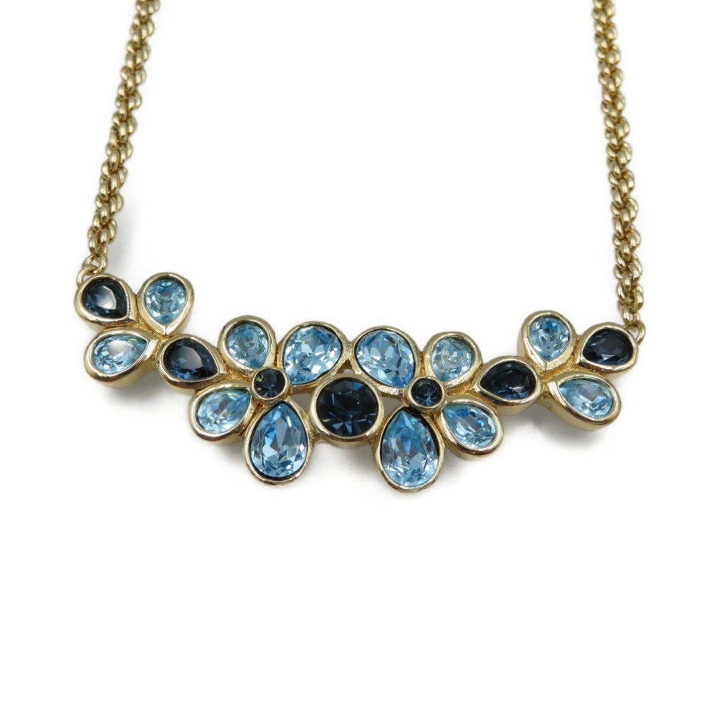 Christian Dior Flower Motif Metal Rhinestone Gold Light Blue Necklace