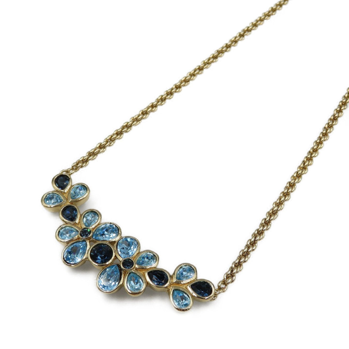 Christian Dior Flower Motif Metal Rhinestone Gold Light Blue Necklace