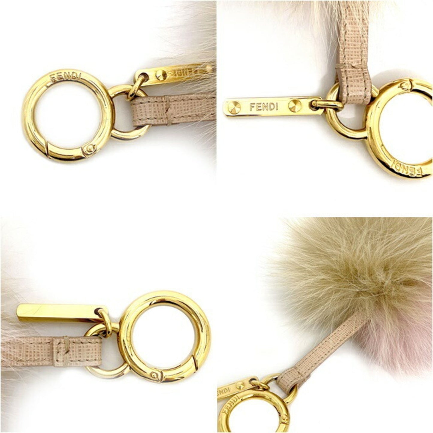 FENDI Charm Pink Beige Gold 7AR259 Fur  Bag Round Key Ring Keychain Women's Pompon Leather Strap