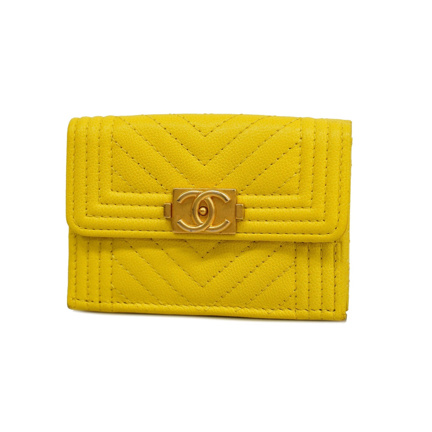 CHANEL   Boy  Tri-fold Wallet Boy  V Stitch Gold Hardware Women's