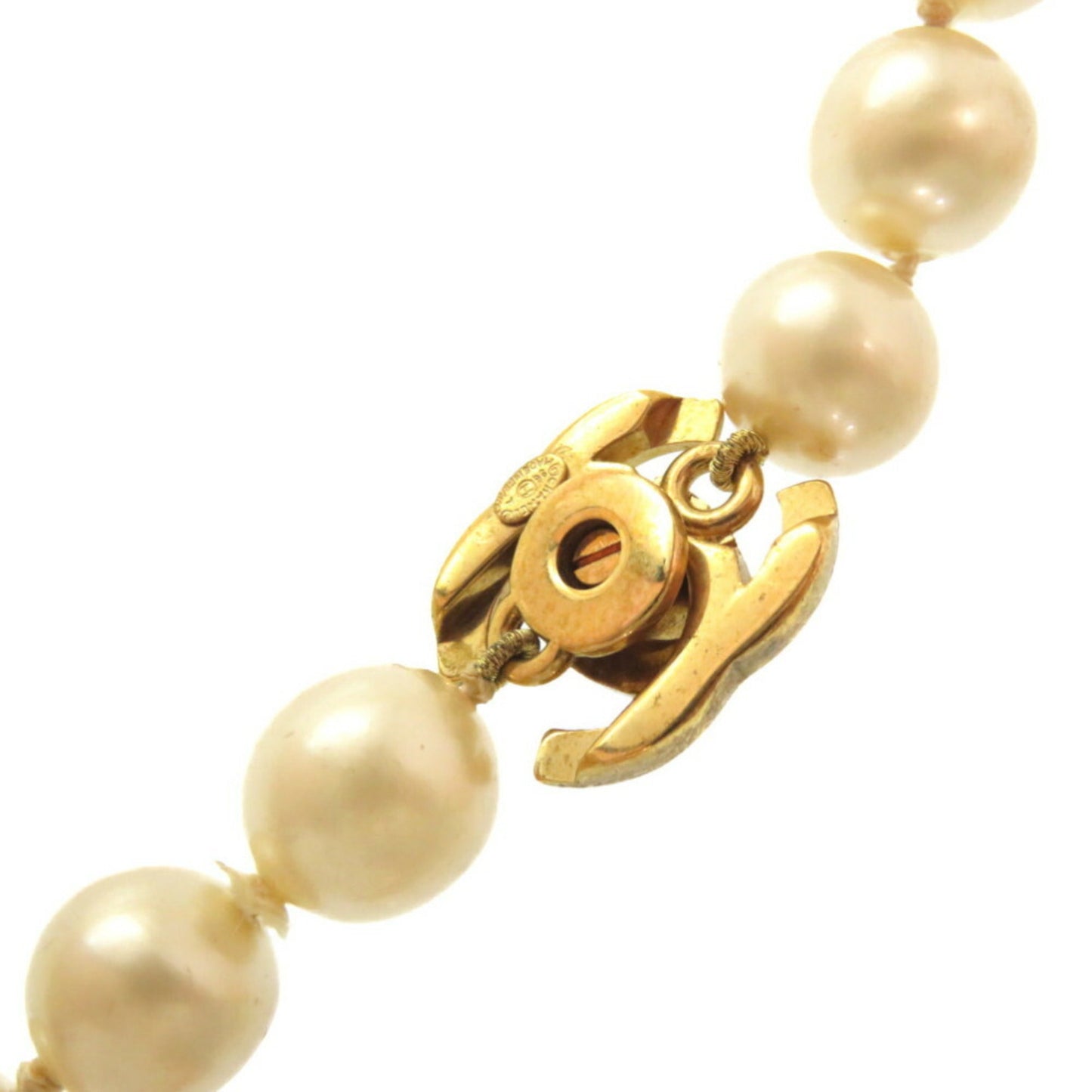 Chanel Coco Mark Turnlock Pearl Necklace Fake Gold Hardware Accessories Vintage