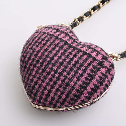 CHANEL Tweed Heart Here Mark Chain Necklace Pink Black Ladies