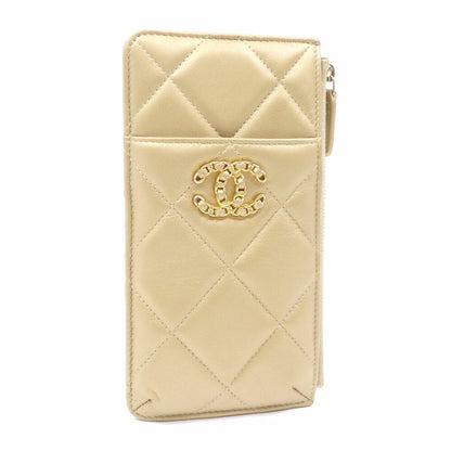 Chanel 19 Phone & Card Case Matelasse Women's Gold Lambskin Pouch Smartphone Cocomark Leather