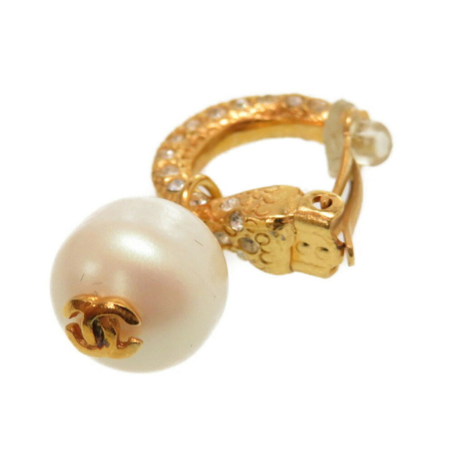 Chanel Vintage Fake Pearl Stone Coco Mark 01P Gold Earrings Accessories