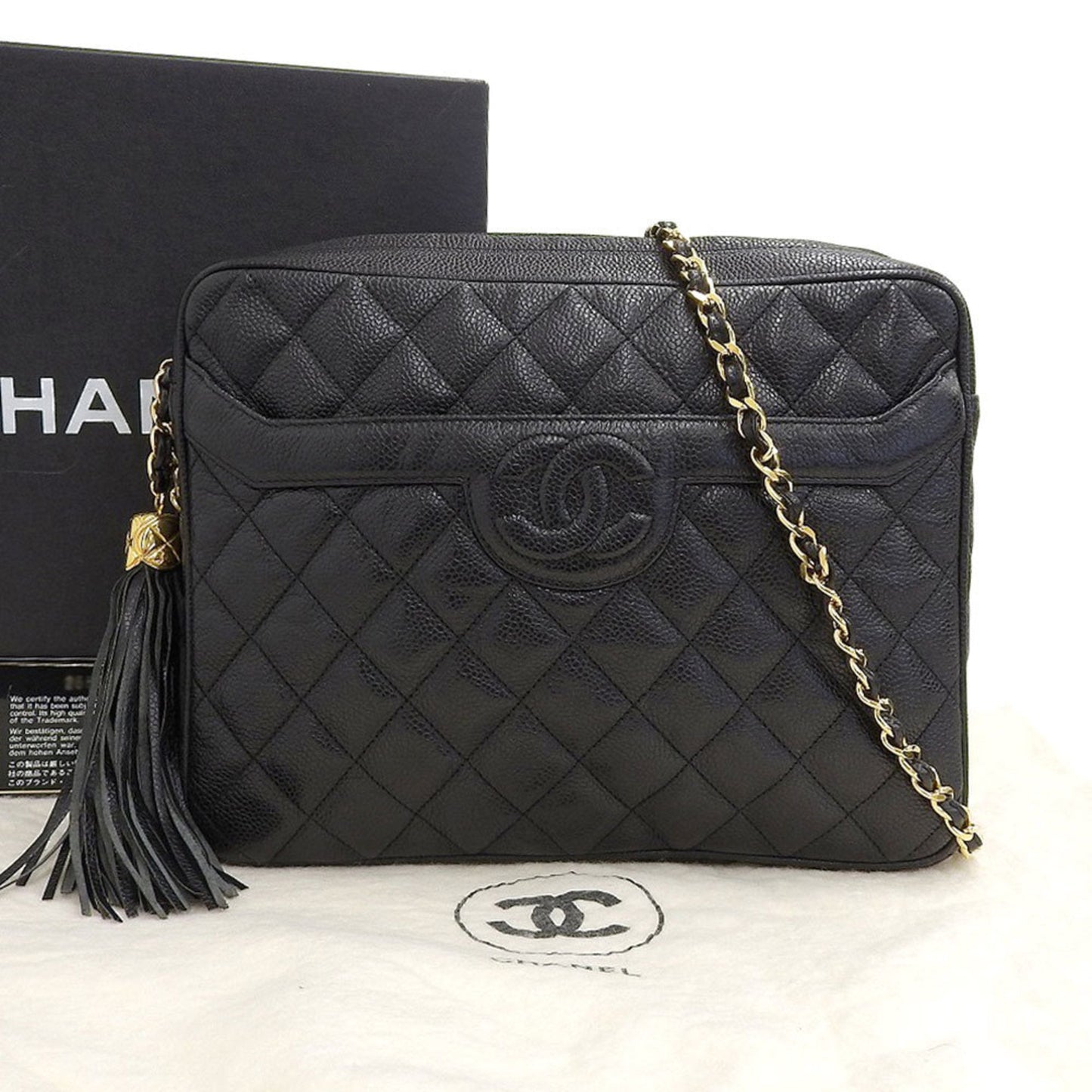 Chanel matelasse here mark fringe shoulder bag caviar skin black with seal No. 2