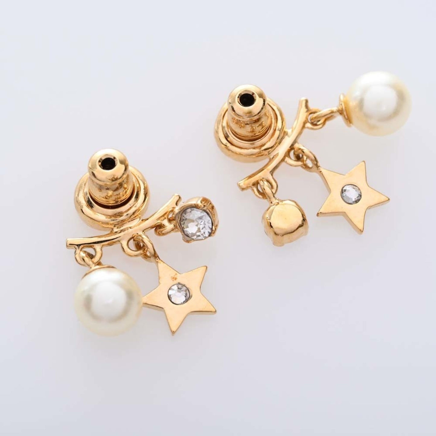 CHRISTIAN DIOR Rhinestone Pearl Star Logo Charm Earrings Gold Women's