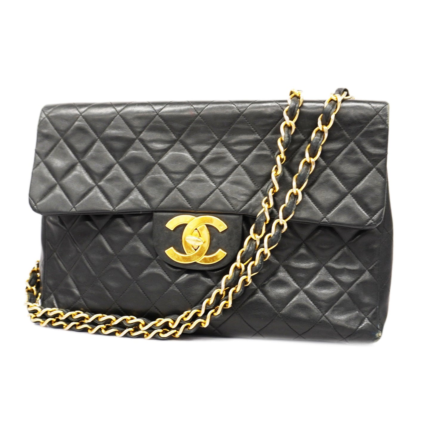 CHANEL   Big Matelasse W Chain Women's Leather Shoulder Bag Black