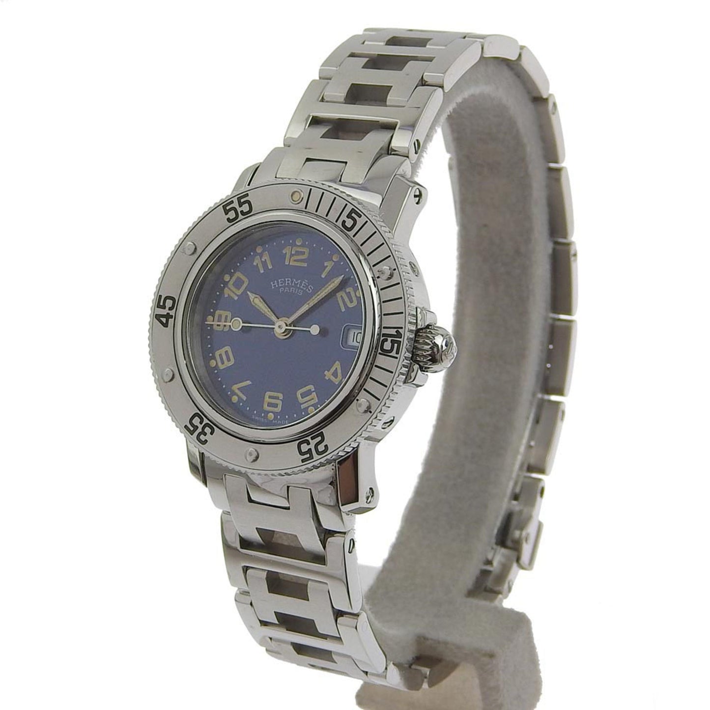 HERMES Clipper Watch Diver CL5.210 Stainless Steel Silver Quartz Analog Display Ladies Navy Dial