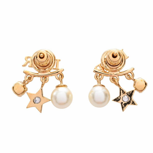 CHRISTIAN DIOR Rhinestone Pearl Star Logo Charm Earrings Gold Women's