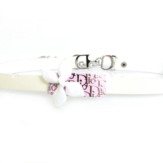 CHRISTIAN DIOR Choker Necklace Trotter Flower Leather/Metal Off-White/Pink/Silver Women's e55784f