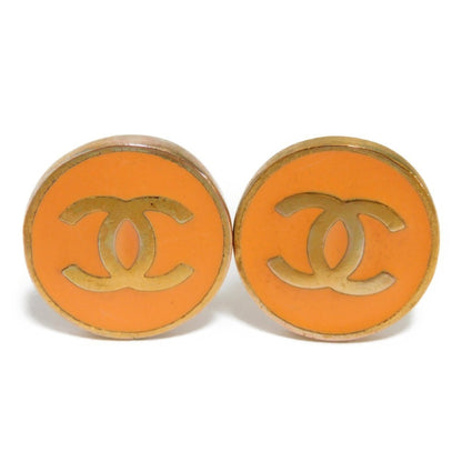 CHANEL Earrings Round Coco Mark Button Enamel Pastel GP Gold 01P Vintage CC Orange Ladies Accessories Jewelry