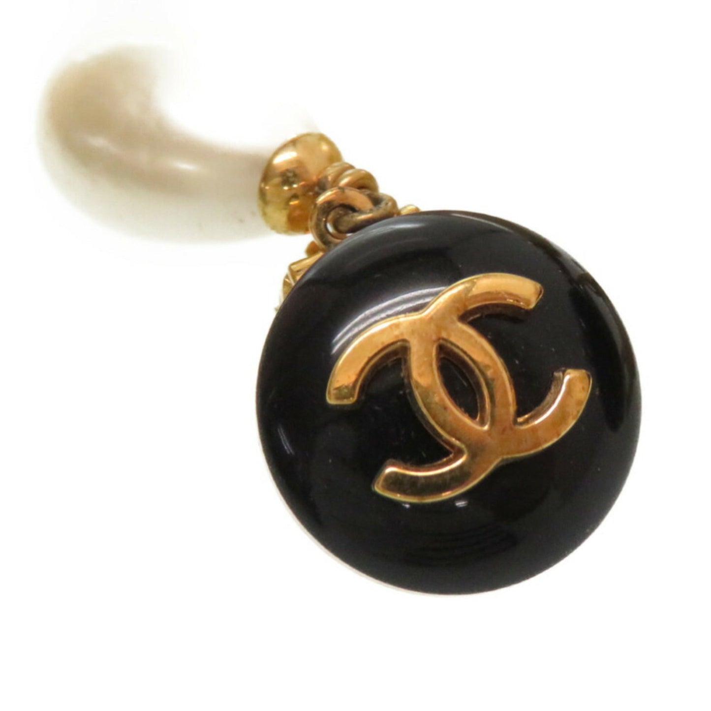 Chanel Coco Mark Fake Pearl Gold Earrings Vintage Black Accessories