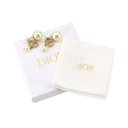 CHRISTIAN DIOR Fake Pearl Earrings Logo Rhinestone Gold White Accessories Earring