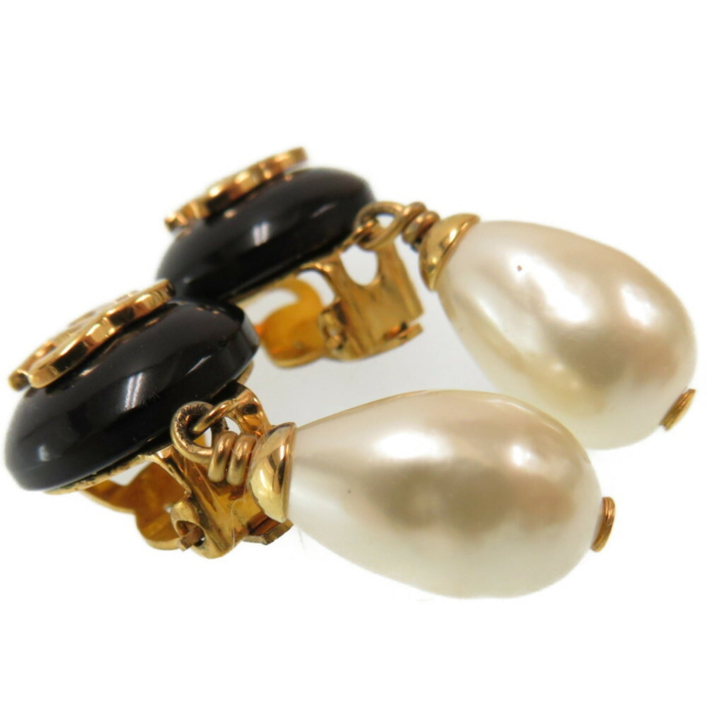 Chanel Coco Mark Fake Pearl Gold Earrings Vintage Black Accessories