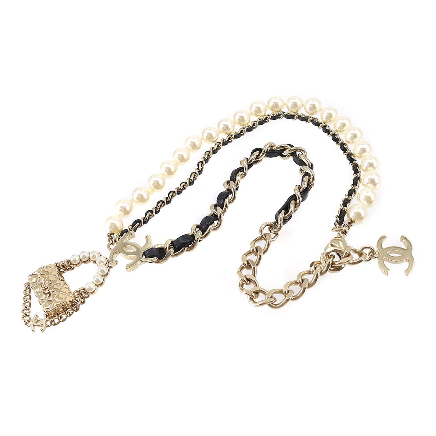 CHANEL Matelasse Bag Charm Necklace Fake Pearl Leather Gold B21S Accessories