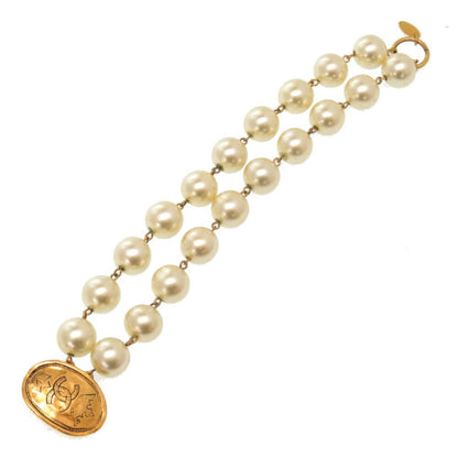 Chanel Vintage Crown Coco Mark Double Bracelet Fake Pearl Accessories