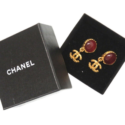 Chanel Coco Mark Color Stone Gold Earrings Wine Red Accessories