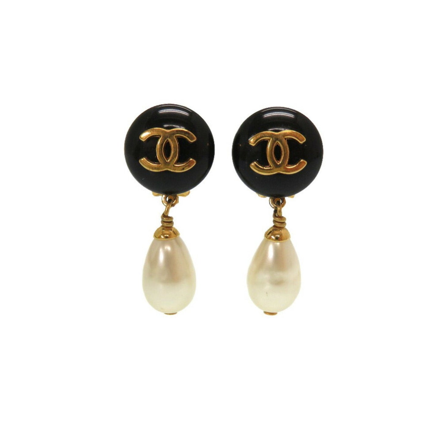 Chanel Coco Mark Fake Pearl Gold Earrings Vintage Black Accessories