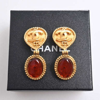 CHANEL Gripore Colored Stone Coco Mark Earrings Brown Women's