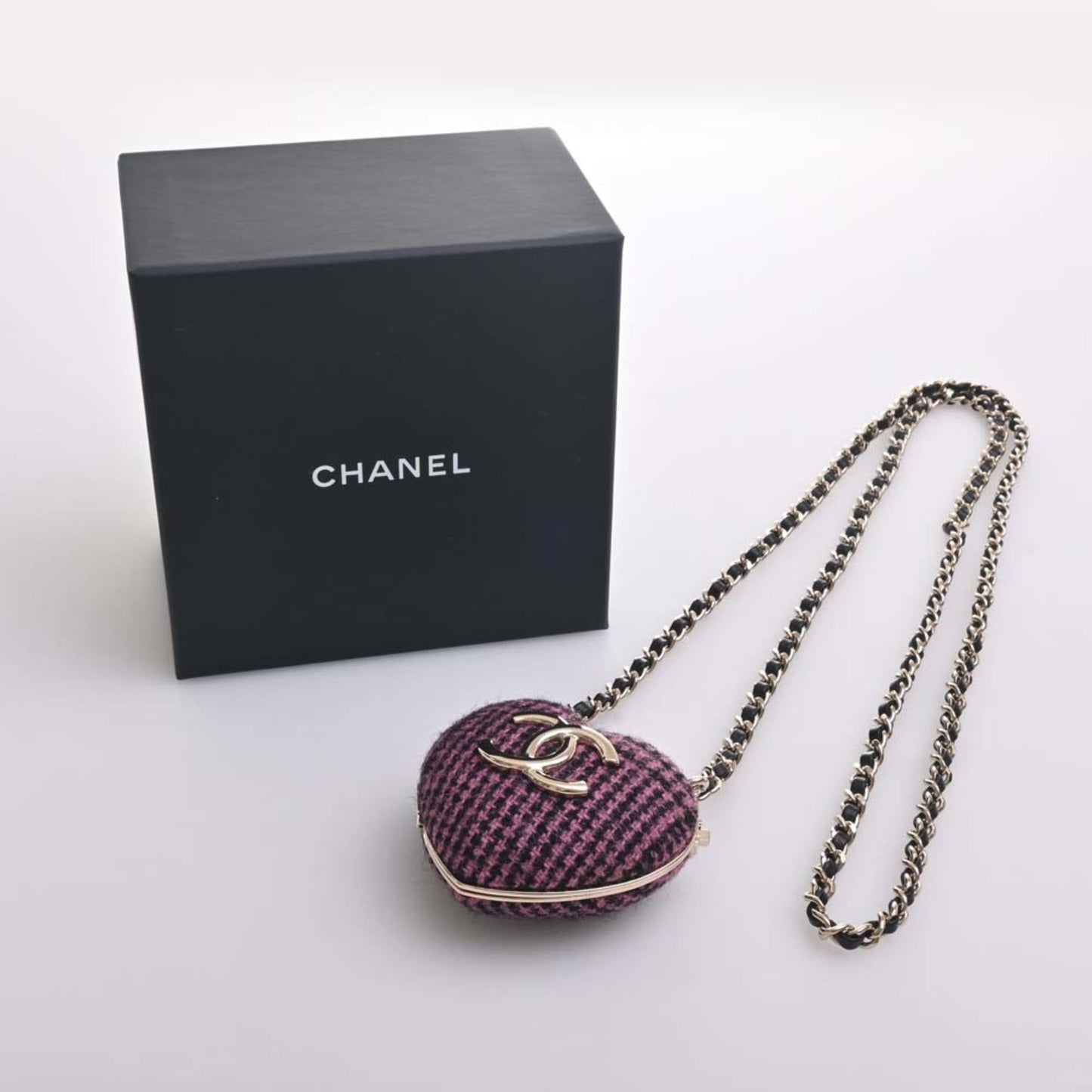 CHANEL Tweed Heart Here Mark Chain Necklace Pink Black Ladies