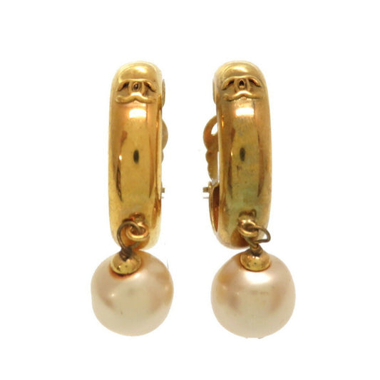 Chanel Vintage Fake Pearl Loop Coco Mark 93P Gold Earrings Accessories