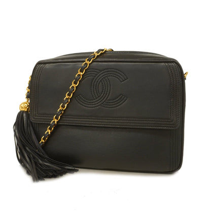 Chanel Chain Shoulder With Fringe Women's Leather Shoulder Bag Black