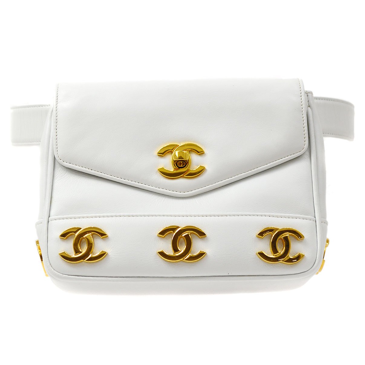 CHANEL 1991-1994 White Lambskin Triple CCs Belt Bag #85 37247