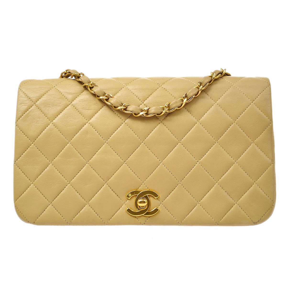 CHANEL 1989-1991 Turnlock Full Flap Small Beige Lambskin 60396